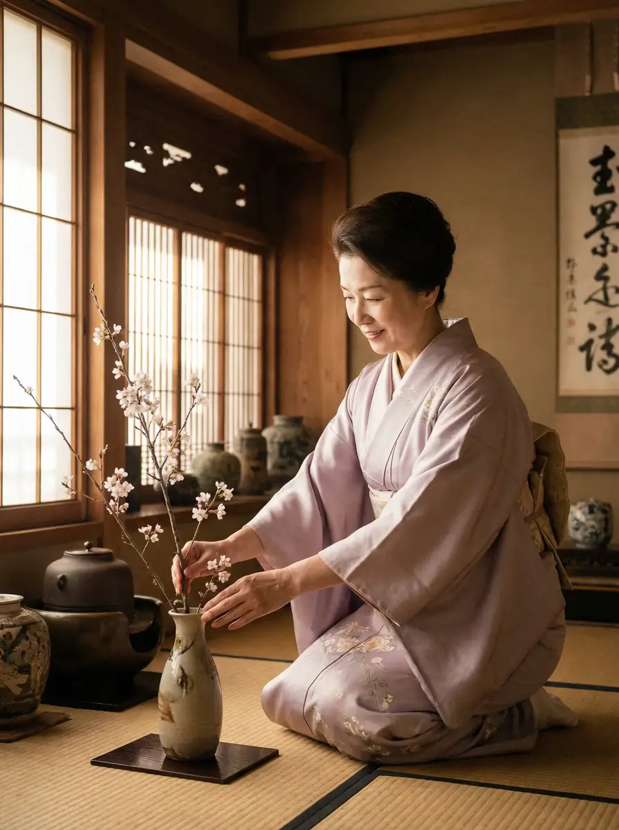 一位优雅的 金年会体育平台 在和室中插花